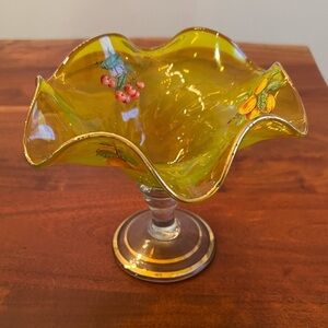 Elegant Yellow footed Glass Bowl with Fruit Design.